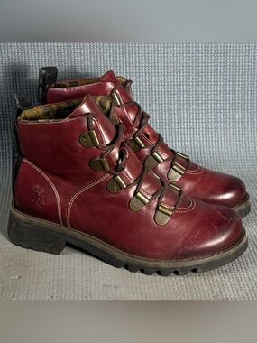 FLY London Women’s Red Leather Roji Ankle Boots Biker Combat Size 8 US 39 EU